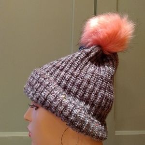 Knit Beanie with Faux Fur Pom Pom